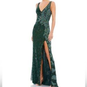 $698 Mac Duggal High Slit Embellished Dress Deep Green Emerald Sz 4 5473